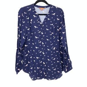 Modcloth Long Sleeve Split Neck Blouse Womens Sz Medium Blue Bird Novelty Print